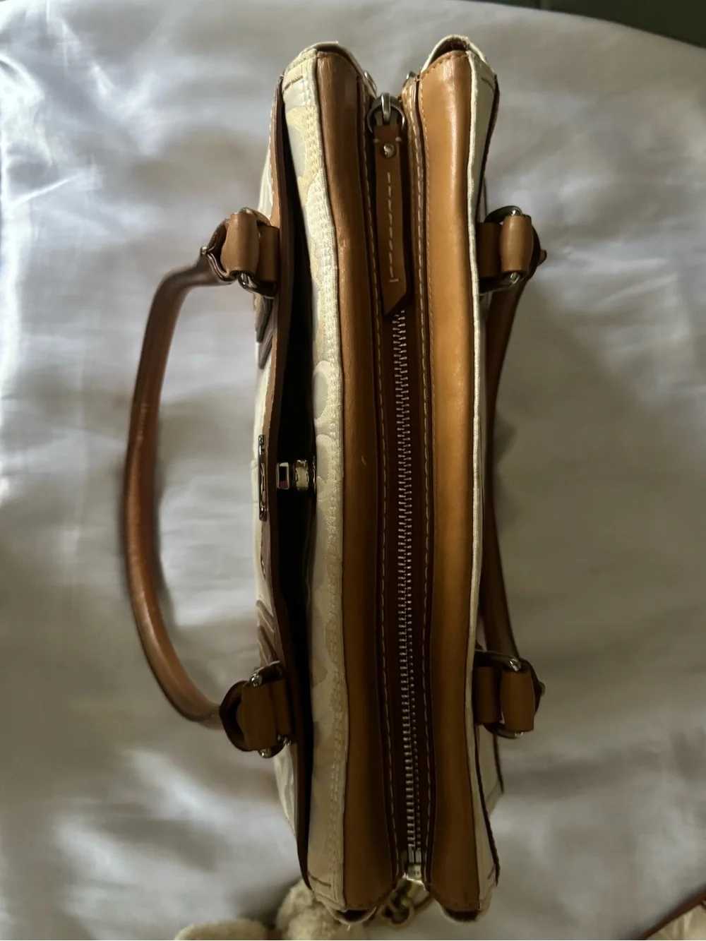 Coach Cream Shoulder Bag with Tan Leather Trim